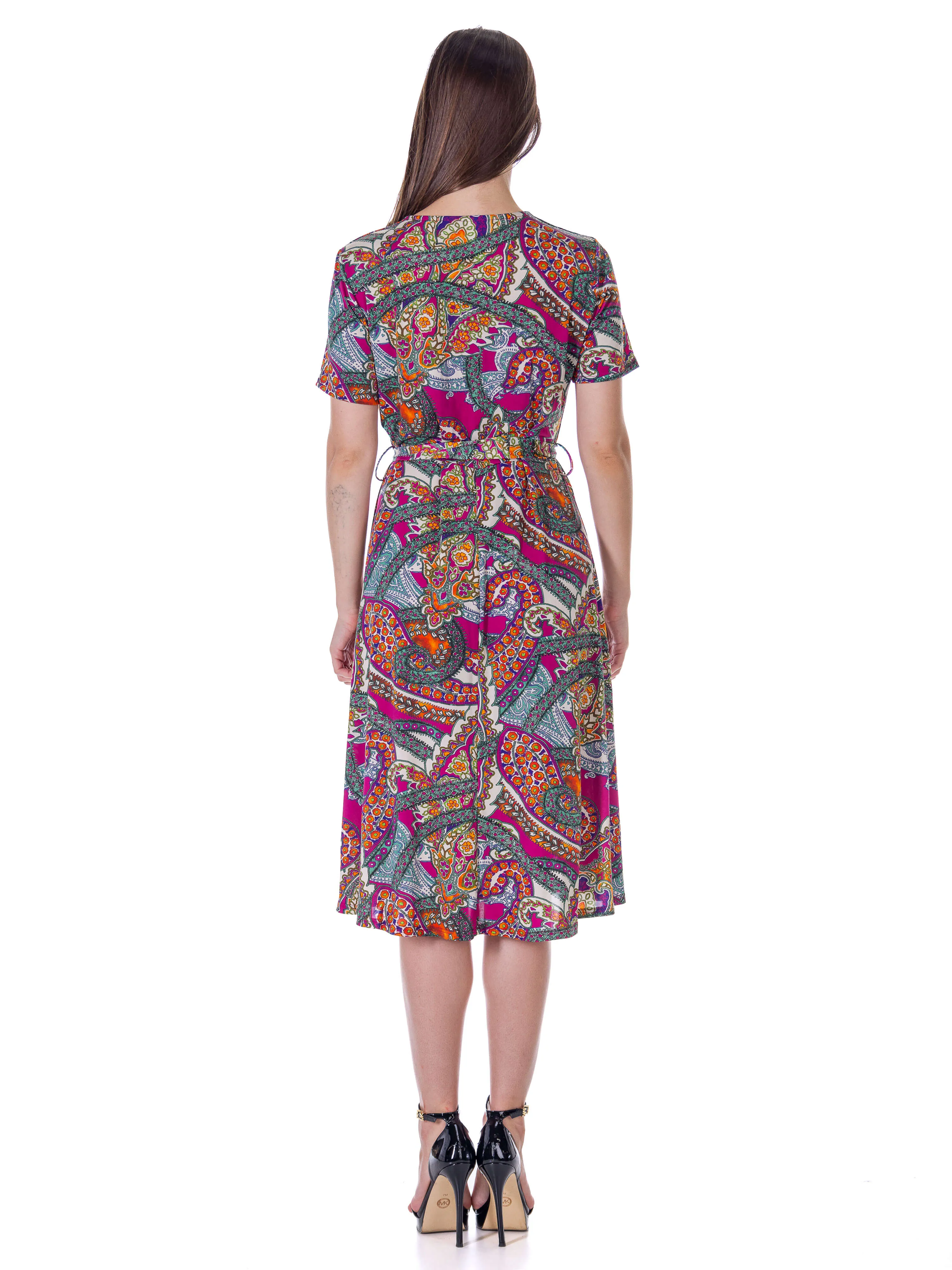 Womens Pink Paisley Short Sleeve Tie Waist Midi Dress