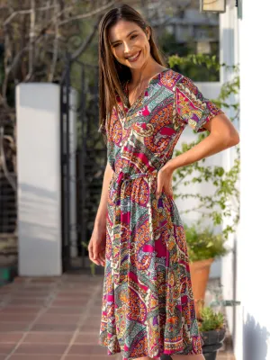 Womens Pink Paisley Short Sleeve Tie Waist Midi Dress