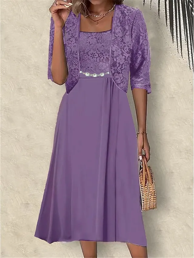 Women's Two Piece Dress Set Party Dress Lace Dress Party Wedding Guest Elegant Modern Lace Patchwork Midi Dress Crew Neck Half Sleeve Floral Plain Regular Fit Pink Blue Purple Summer Spring S M L XL