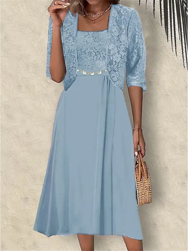 Women's Two Piece Dress Set Party Dress Lace Dress Party Wedding Guest Elegant Modern Lace Patchwork Midi Dress Crew Neck Half Sleeve Floral Plain Regular Fit Pink Blue Purple Summer Spring S M L XL